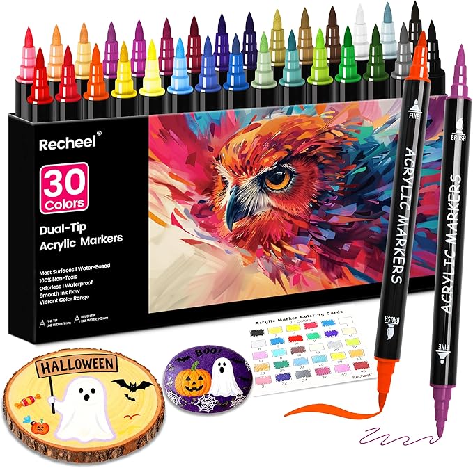 30 Colors Acrylic Paint Markers, Dual Tip Fine and